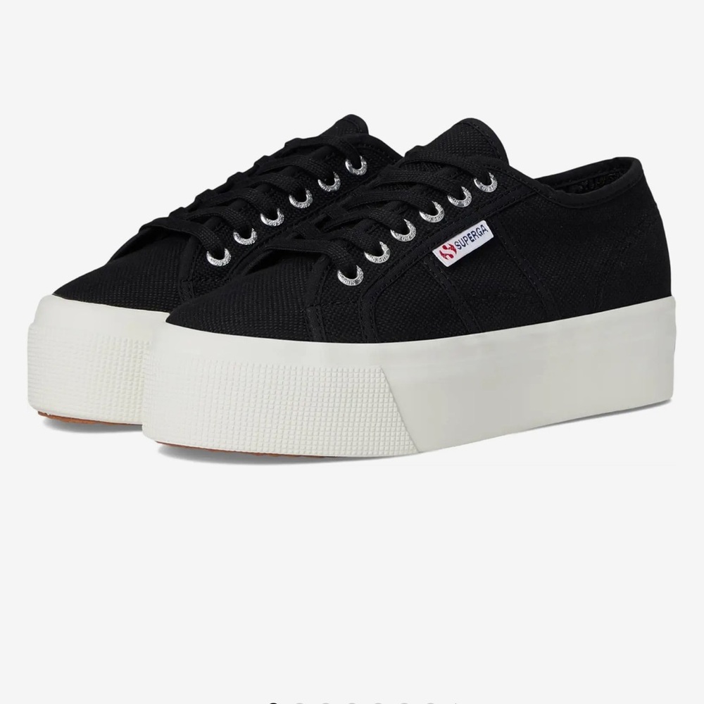 Superga Black Canvas Platform Sneakers with White Platform Sole US9